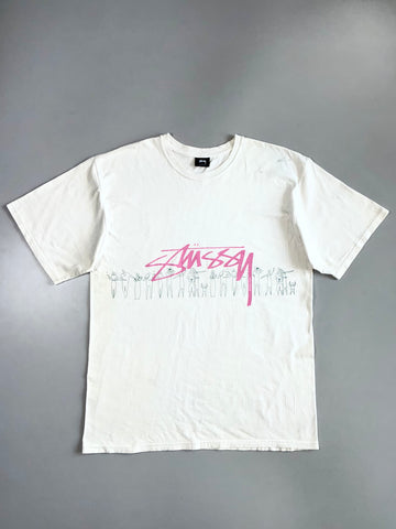 Stussy Pink Script Logo Line of People Figures Outline Graphic White Cotton T-Shirt (XL)