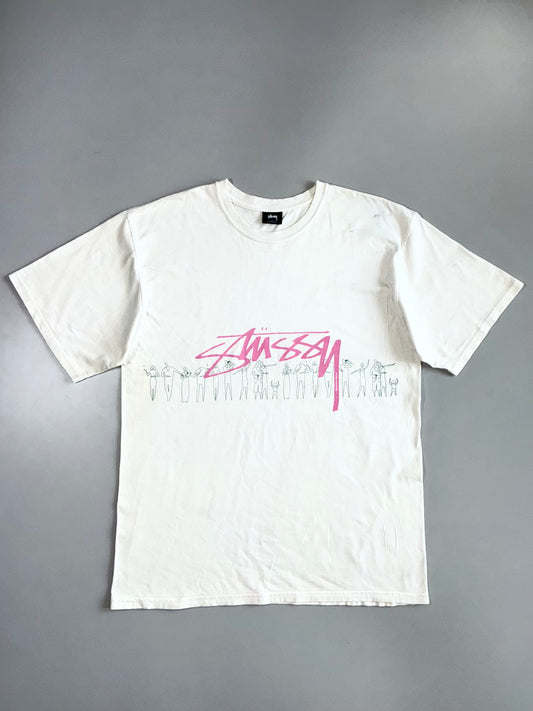Stussy Pink Script Logo Line of People Figures Outline Graphic White Cotton T-Shirt (XL)