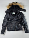 Vera Pelle Black Leather Jacket women’s attached cap with Fur-Trimmed Hood & Zip Pockets (XS)