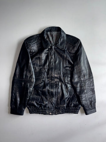 Vintage Italian | Black Leather Bomber Jacket 70s (L)