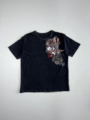 Vintage Japanese Koi & Kintaro Embroidered Tee – Black (XL)