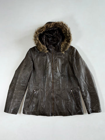 EMC Women’s Dark Brown Leather Hooded Jacket – Faux Fur Trim (M)