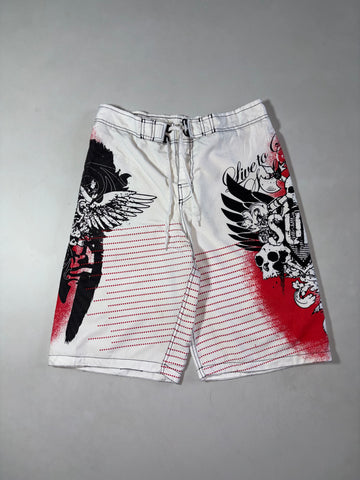 What brand are the white and red skull print board shorts (W:34) (L:24)