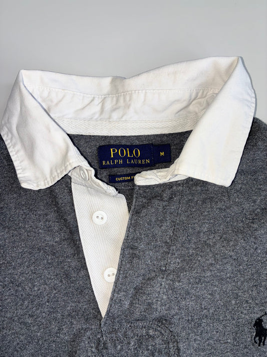 Polo Ralph Lauren Rugby Shirt — Grey Long Sleeve, White Collar (L)