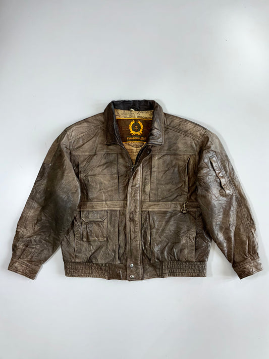 Vintage Gold Sport Club Expédition 1899 Genuine Leather Bomber Jacket Indian Motorcycle Liner Brown | Size L/XL