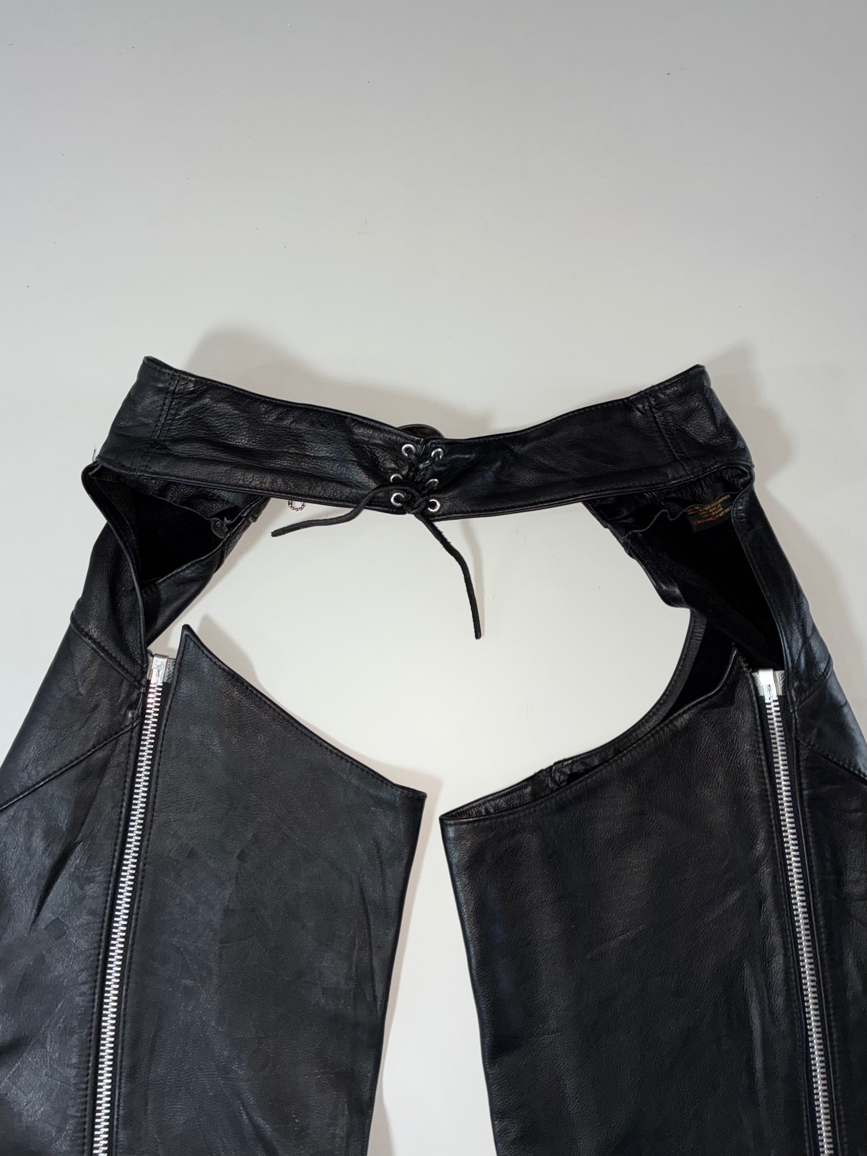 Vintage Harley-Davidson Black Leather Biker Chaps, Made in USA (W