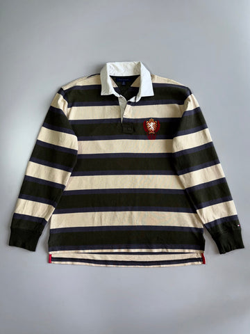 Tommy Hilfiger THNY Block Stripe Rugby Shirt Lion Crest Embroidery, Number 85 Back Patch, Long Sleeve (XL/2XL)