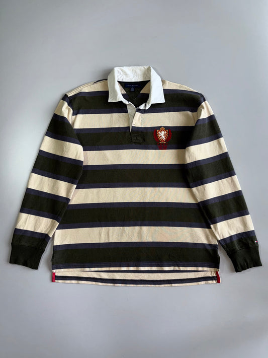 Tommy Hilfiger THNY Block Stripe Rugby Shirt Lion Crest Embroidery, Number 85 Back Patch, Long Sleeve (XL/2XL)