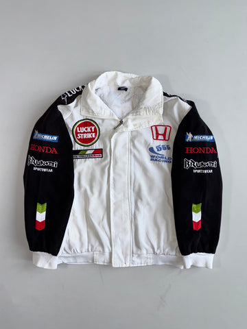 Lucky Strike BAR Honda F1 Racing Jacket, White & Black with Embroidered Sponsor Patches (L)