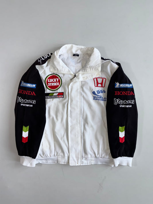 Lucky Strike BAR Honda F1 Racing Jacket, White & Black with Embroidered Sponsor Patches (L)
