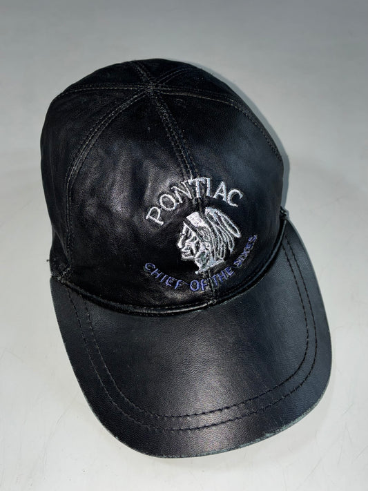 Vintage Pontiac Chief of the Sixes Embroidered Black Leather Cap (Adjustable)