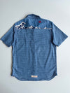 Edo Katsu Indigo Blue Check Embroidered Wave Short Sleeve Shirt – (M)