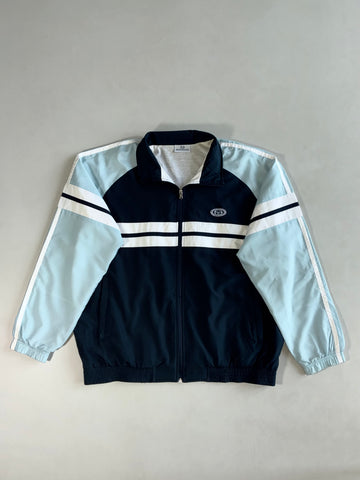 Sergio Tacchini Navy & Sky Blue Colour Block Track Jacket – Striped Panels, Jersey Lined (2XL)