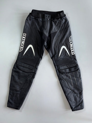 Richa Black Leather Motorcycle Pants with CE Protection & White Swoosh Detail Size 4C (W-31/L-39)