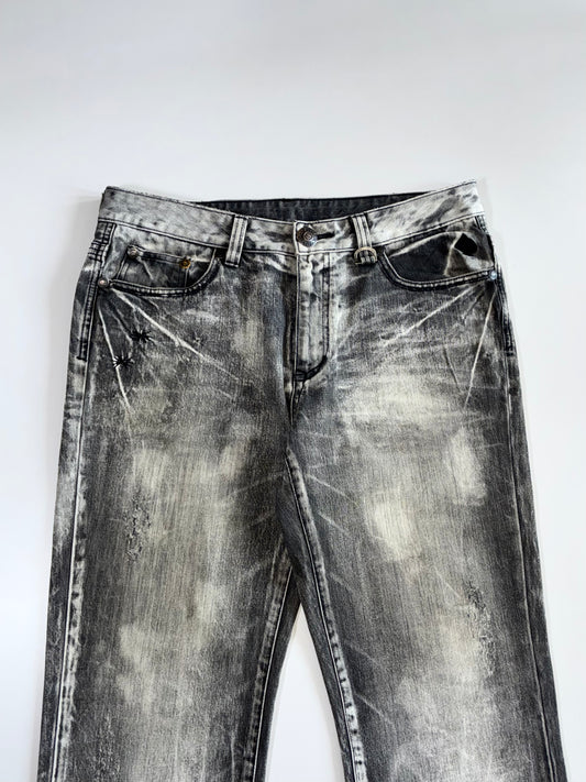 Big Train Japan — Acid Washed Skull & Flame Embroidery Denim Jeans (W:36|L:43)