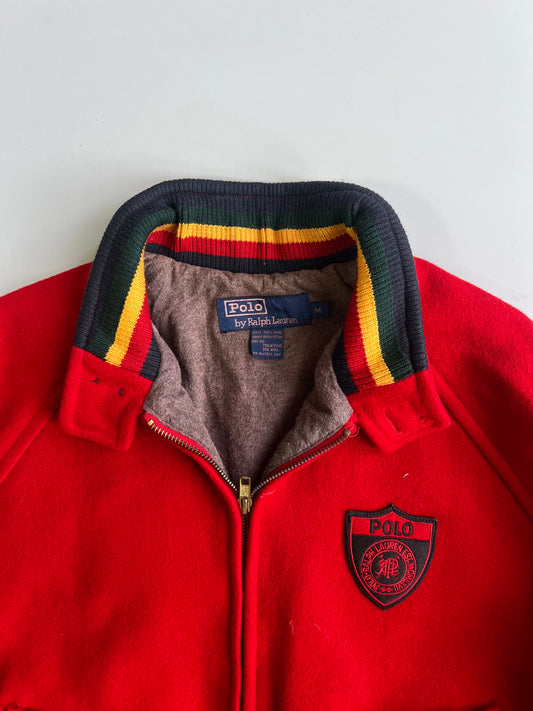 Polo Ralph Lauren 100% Wool Crest Shield Patch Striped Knit Collar Red Bomber Jacket (M)