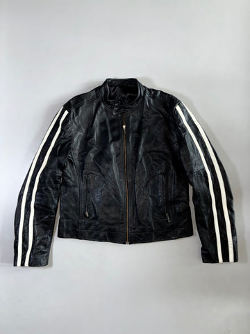 Black Leather Racer Jacket with White Stripes (XL)