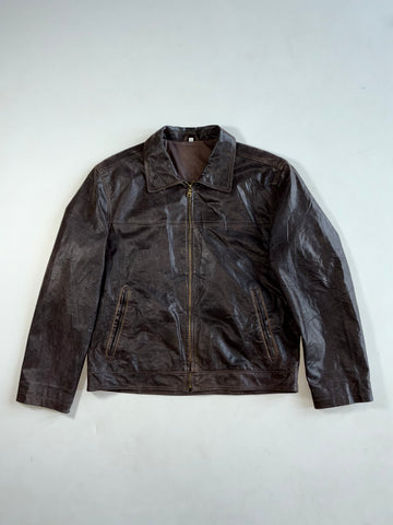 Vintage Dark Brown Distressed Leather Zip-Up Jacket (XL)