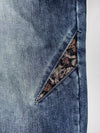 Japanese Oni Leather-Patch Brocade Panel Jeans embroidered (W:42) (L:44.5)