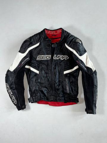 Segura Black, White & Red Leather Motorcycle Racing Jacket – Racing Technology Logos Padded(S)