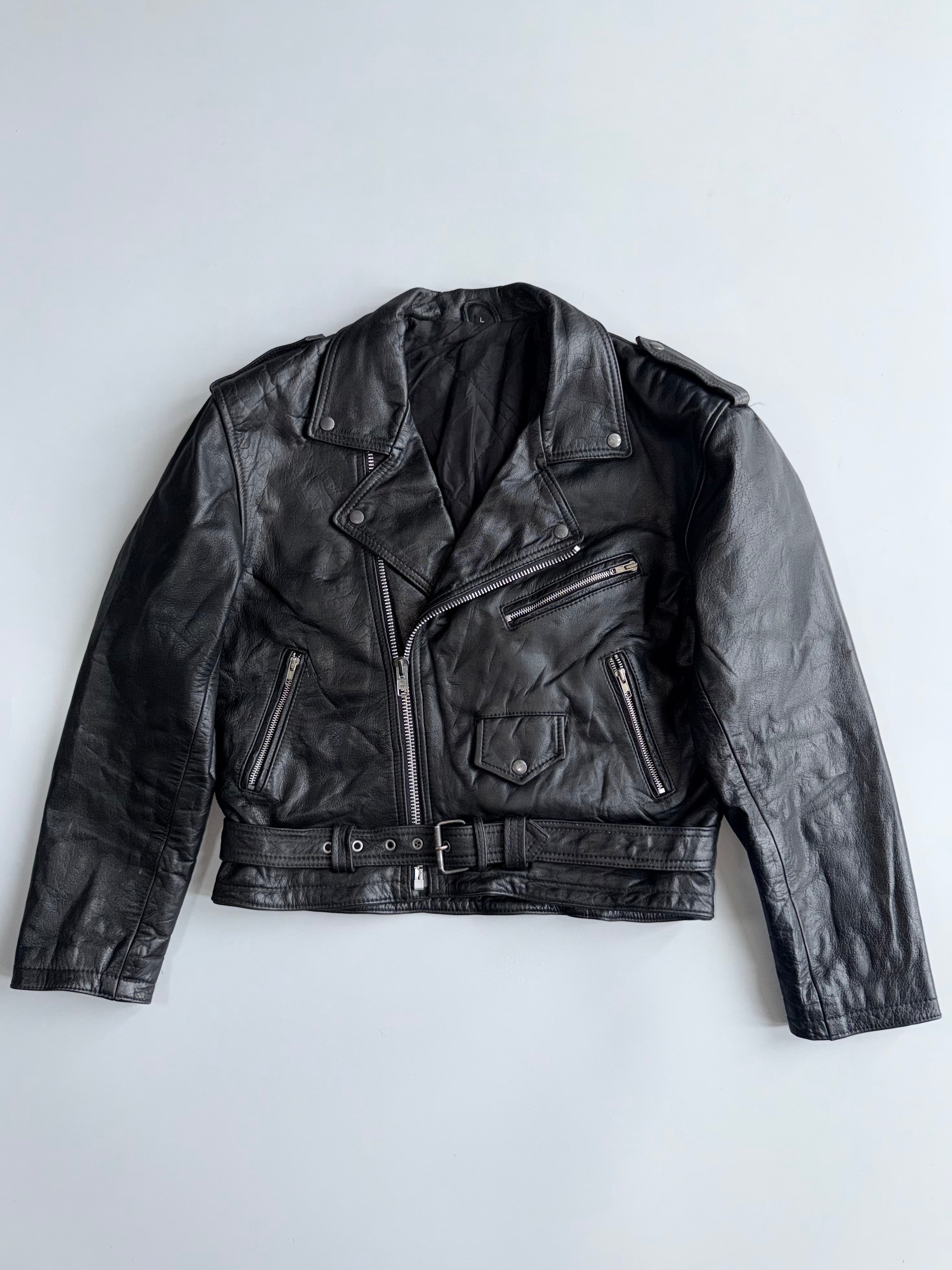 Jinglers Vintage Black Pure Leather Biker Jacket Belted Zip Up (L