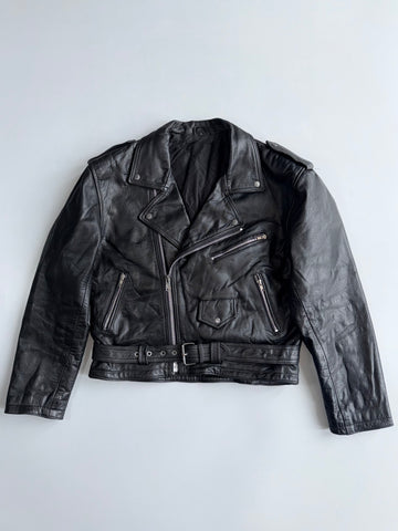 Jinglers Vintage Black Pure Leather Biker Jacket Belted Zip Up (L)