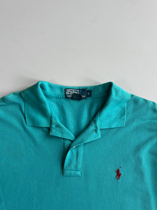 Polo by Ralph Lauren Vintage Long Sleeve Piqué Polo T-Shirt | Teal Green with Red Pony (XL)
