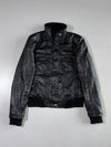 Vintage Black Leather Bomber Jacket — Ribbed Collar/Cuff Zip-Up (S/M)