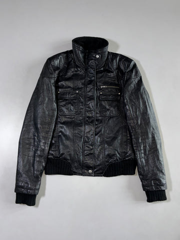 Vintage Black Leather Bomber Jacket — Ribbed Collar/Cuff Zip-Up (S/M)