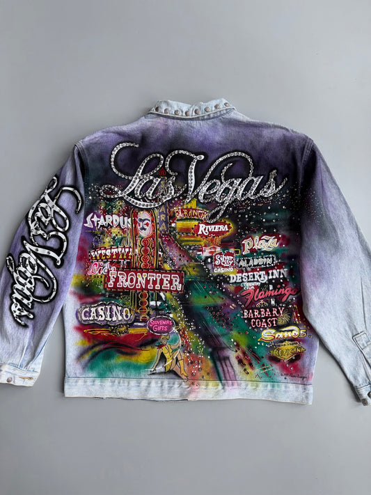 Vintage 1987 Alamo Designs | Rare Hand-Painted Rhinestone Denim Jacket | Las Vegas (XL)