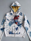 Ed Hardy by Christian Audigier White Mermaid Koi Fish All-Over Print Zip Hoodie Gold Lined Hood (S)