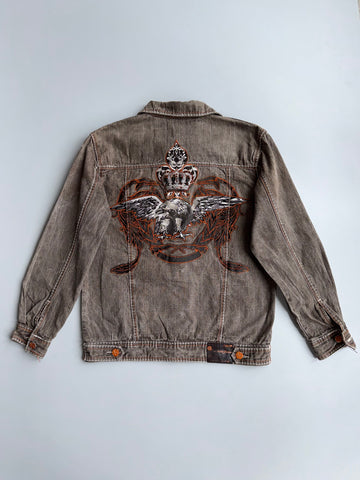 Vintage Knockout Jeans | Heavy Embroidered Eagle Crown Denim Jacket | Grey Wash (L/XL)