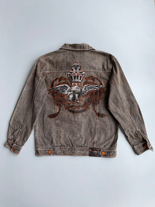 Vintage Knockout Jeans | Heavy Embroidered Eagle Crown Denim Jacket | Grey Wash (L/XL)
