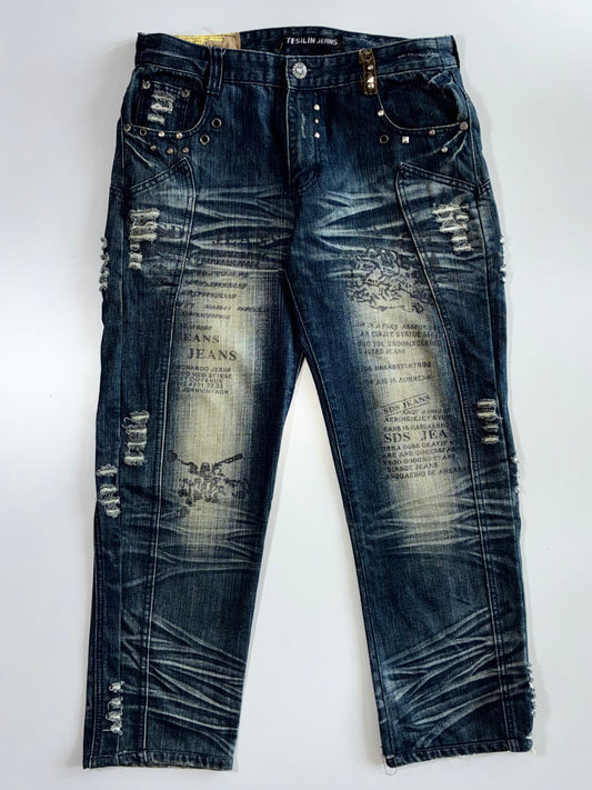 Tesilin Jeans | Heavy Studded Distressed Baggy Jeans (W:34 |L:39)