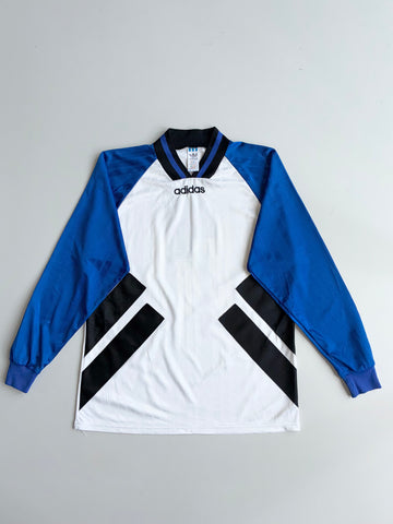 Vintage 90s Adidas Trefoil Football Jersey Long Sleeve – White/Blue/Black (XL)