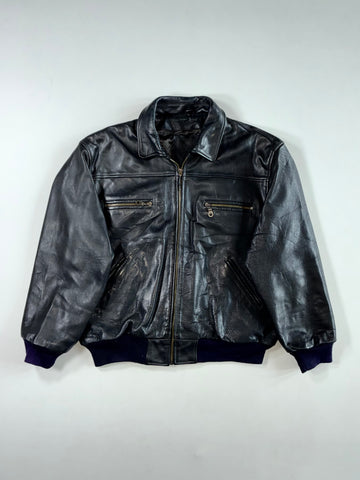 Vintage 90s Black Leather Bomber Jacket with Zip Chest Pockets (XL/2XL)