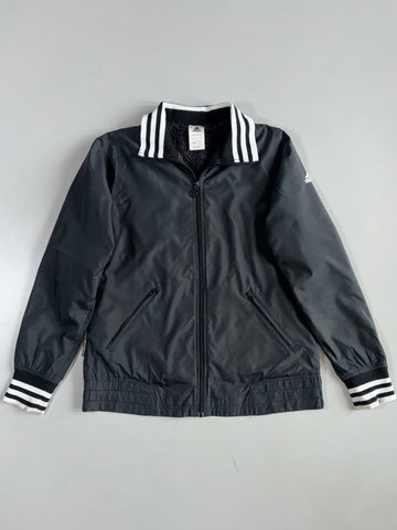 Adidas Sherpa Lined Grey Bomber Jacket 3-Stripe Knit Collar Full Zip(S)
