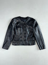 Vintage Black Crinkle Leather Collarless Double-Breasted Cropped Jacket Women’s (S)