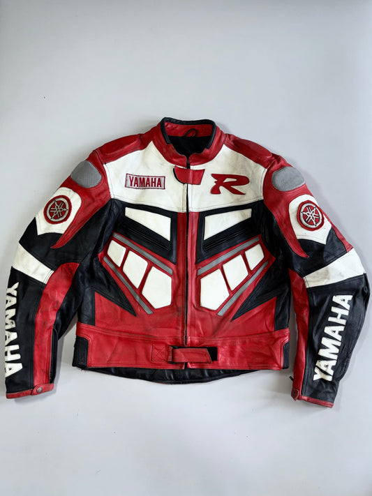 Yamaha R-Series Colorblock Appliqué Armored Leather Motorsport Racing Jacket (XL)