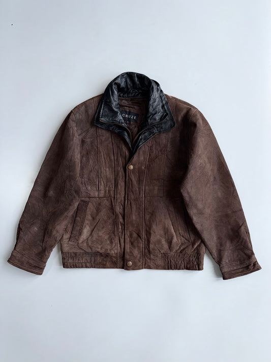 Cruze Brown Pure Leather Jacket (Black Leather Collar) (L)