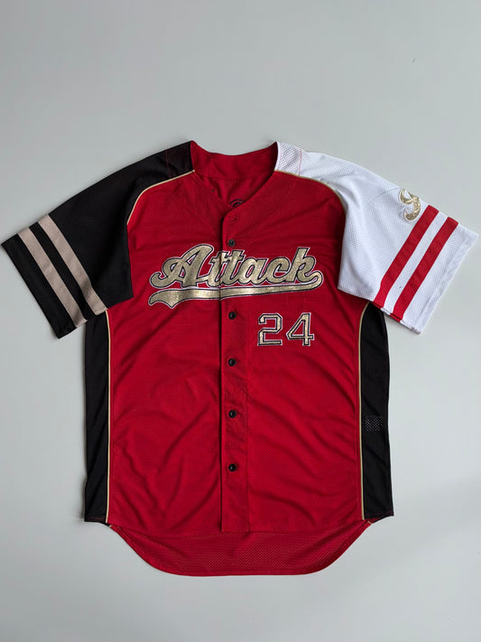 Vintage “Attack” #24 Colorblock Baseball Jersey — Red/Black/White (2XL)