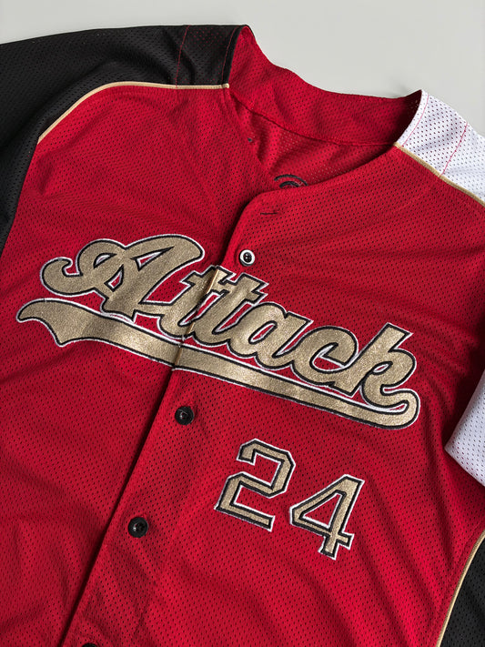 Vintage “Attack” #24 Colorblock Baseball Jersey — Red/Black/White (2XL)