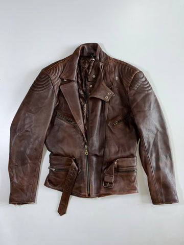 Brown Pure Leather Quilted-Shoulder Biker Jacket (L)