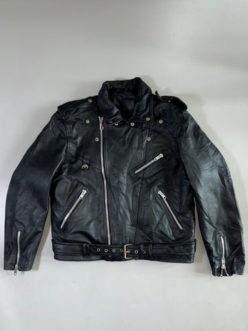 Classic Belted Black Leather Biker Jacket (XL)