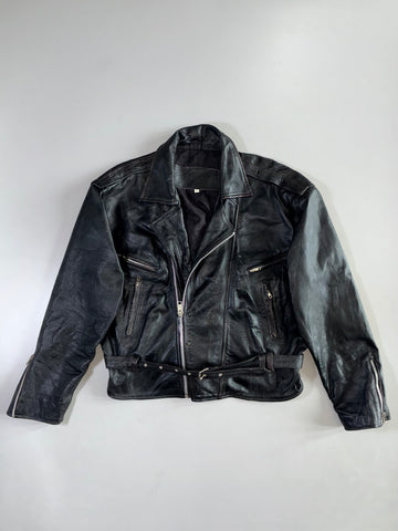 Vintage Belted Black Leather Jacket (2XL)
