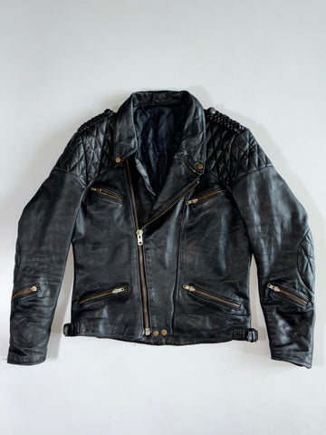 Quilted Shoulder Braided Leather Moto Jacket (M)