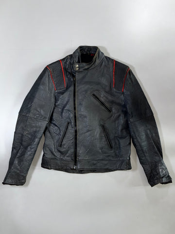Kett Black Leather Cafe Racer Jacket with Red Stripe (L)