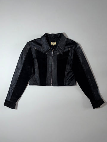 Yippie Company Black Leather Cropped Jacket  Suede panel accents (XS)