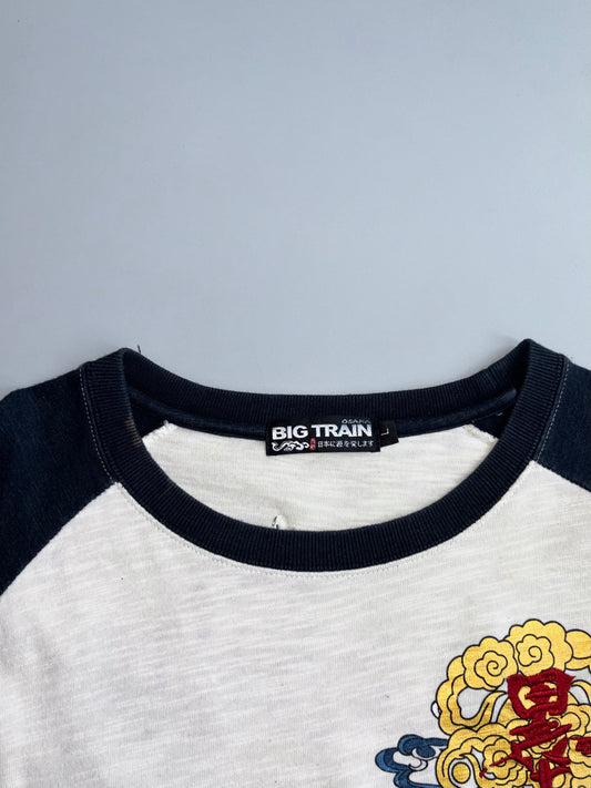 Big Train | White Navy Graphic embroidered Long Sleeve Tee | (L)