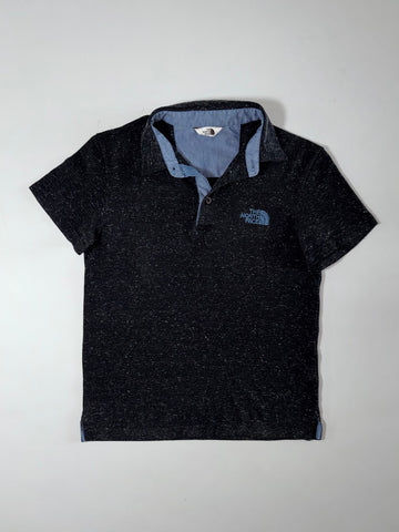 The North Face Donegal Tweed Polo – Black fleck with chambray trim, contrast collar (S)